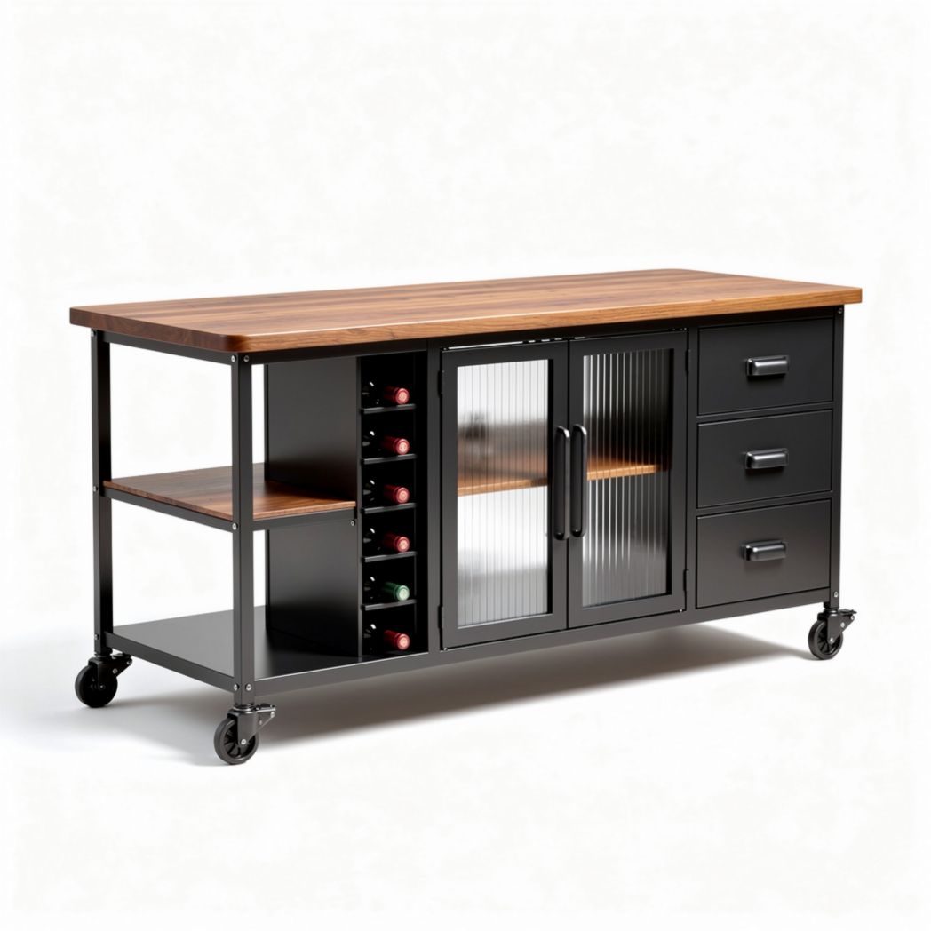 Mobile da cucina con piano in legno 150 x 60 x 90cm e struttura in metallo nero