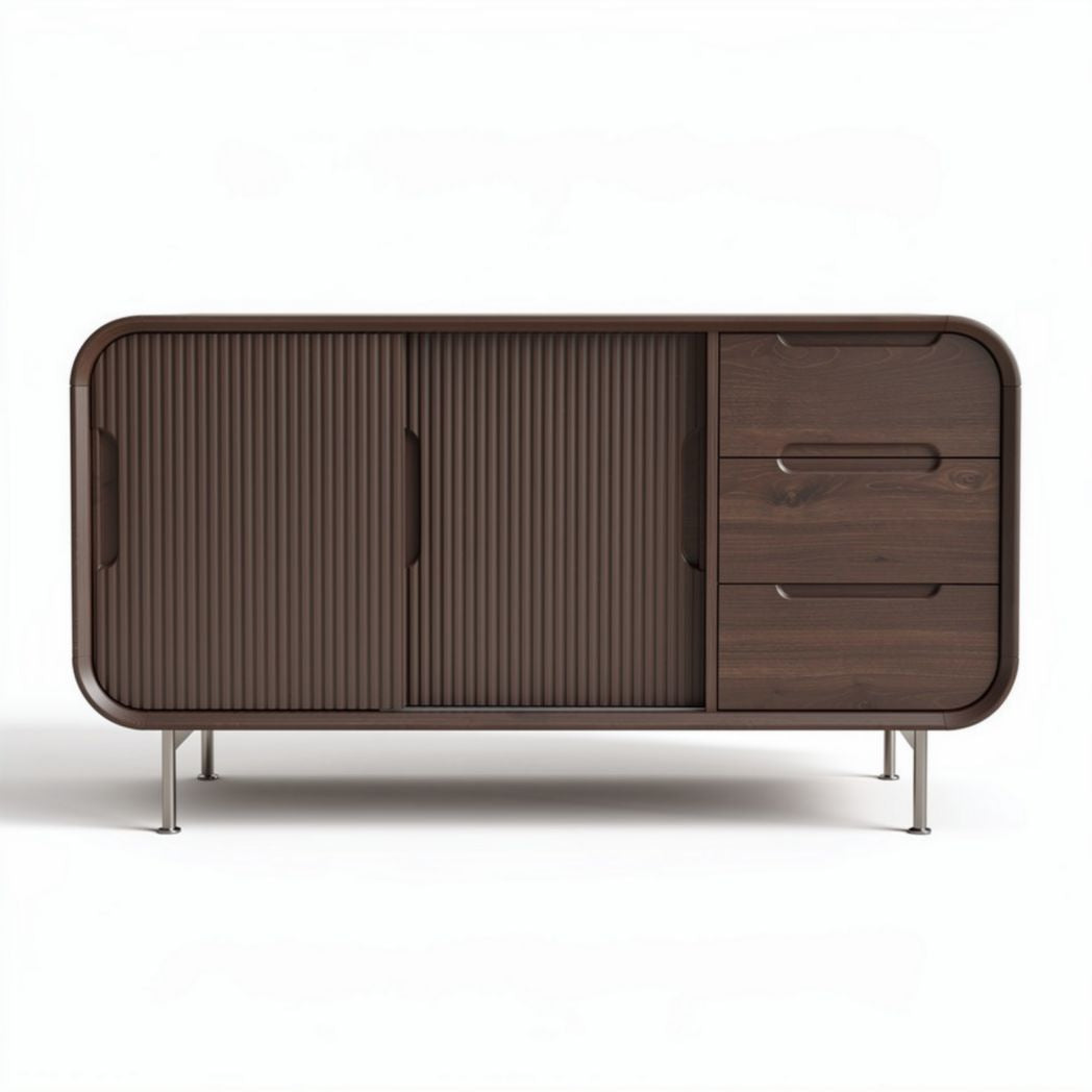Mobiletto in legno scuro con ante a righe e cassetti 120 x 50 x 70cm