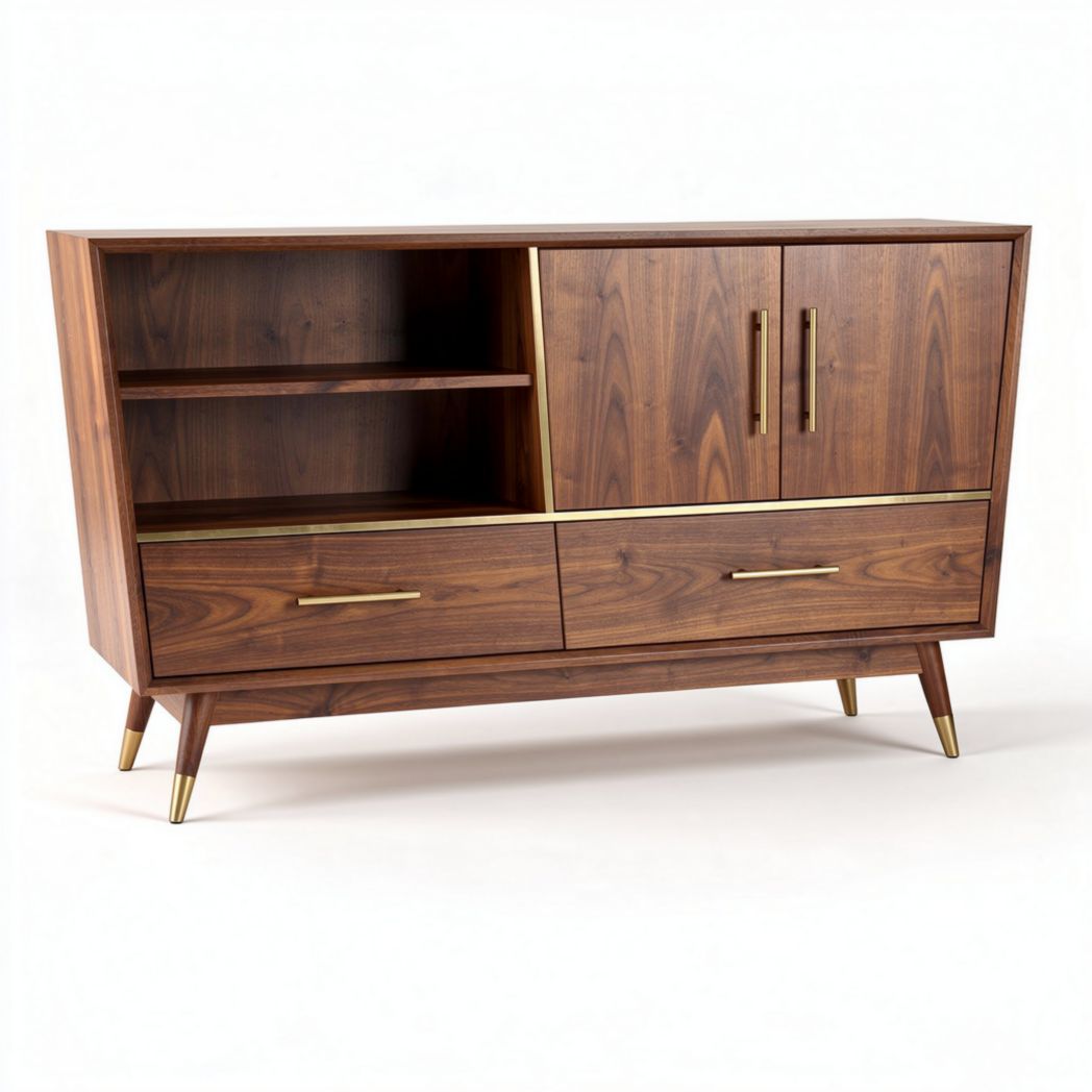 Mobile con struttura in legno di noce 150 x 40 x 75cm con ripiani e ante dorate