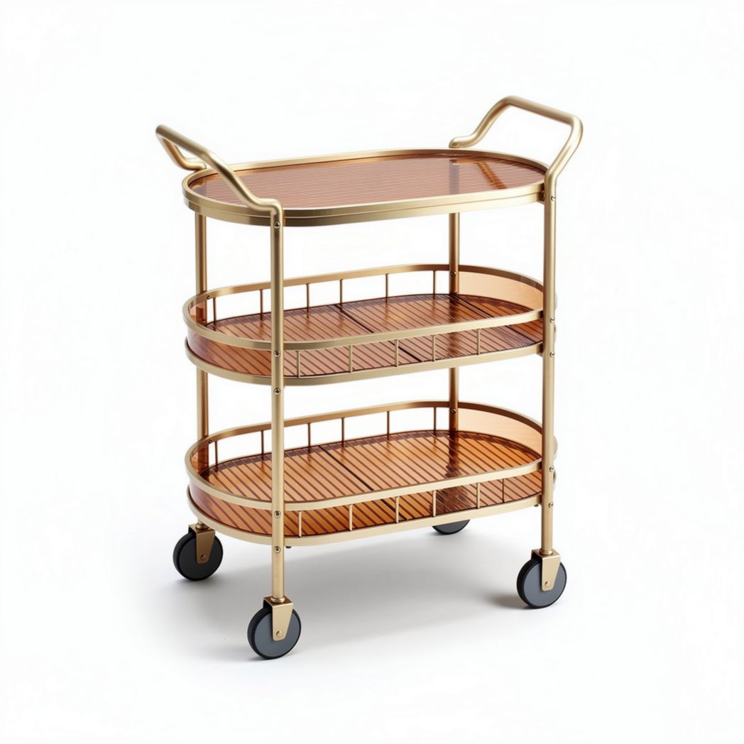 Carrello da servizio con struttura dorata e ripiani in legno 80 x 40 x 80cm