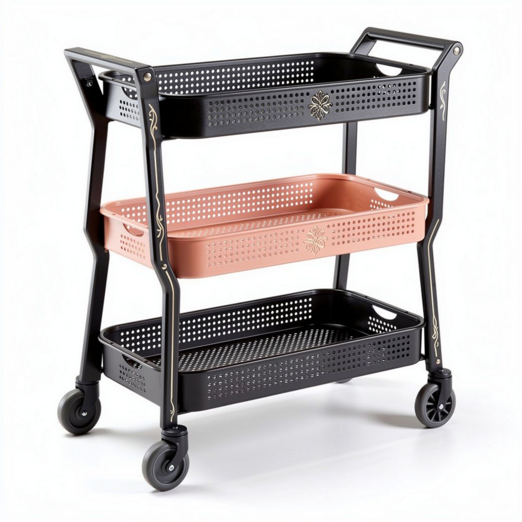 Carrello portatile con tre ripiani in plastica nera e rosa 70 x 40 x 80cm