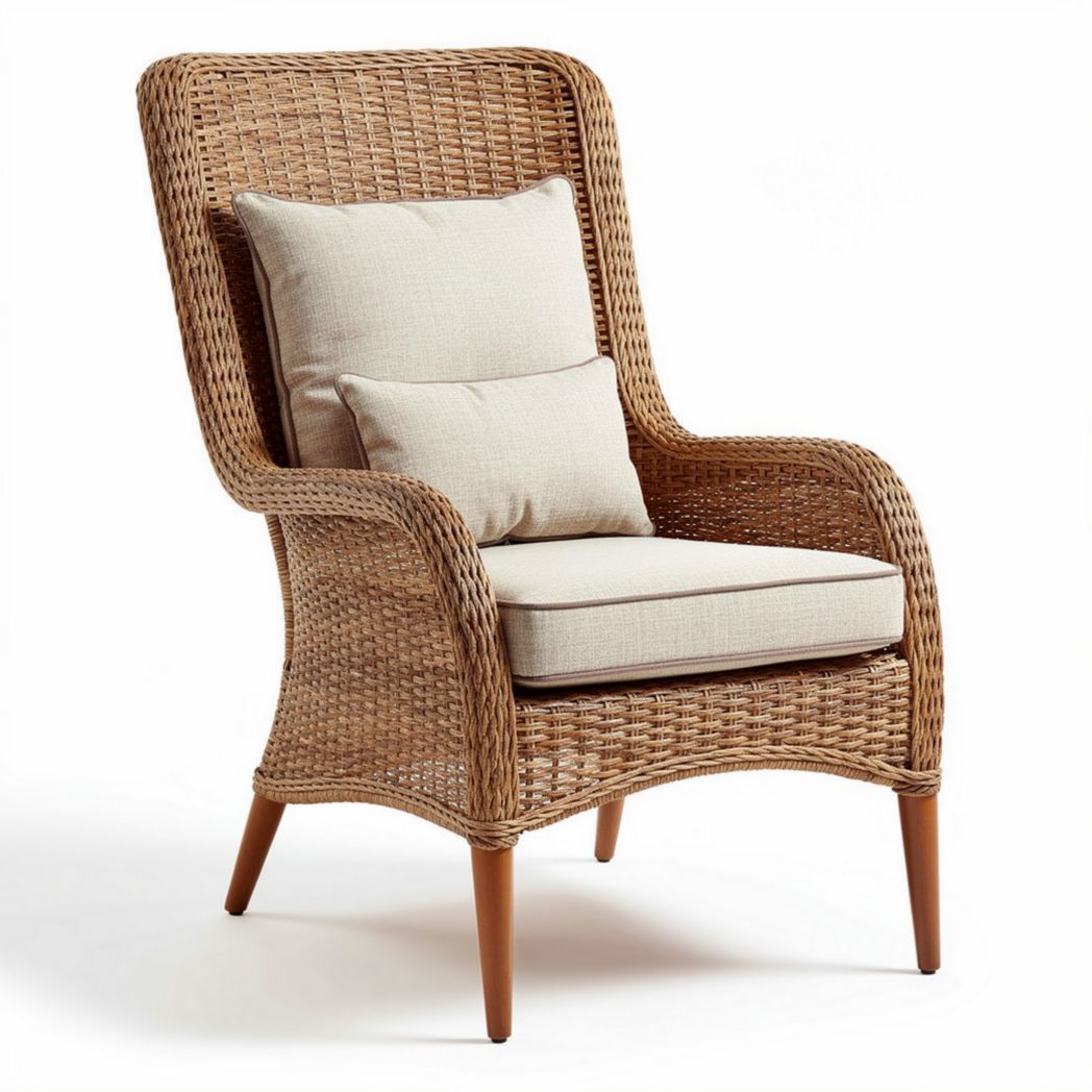 Poltrona in rattan intrecciato con cuscini beige per interni ed esterni 80 x 70 x 100cm